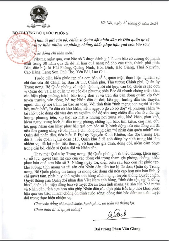 Thư khen gửi cán bộ, chiến sĩ thực hiện nhiệm vụ phòng, chống, khắc phục hậu quả cơn bão số 3