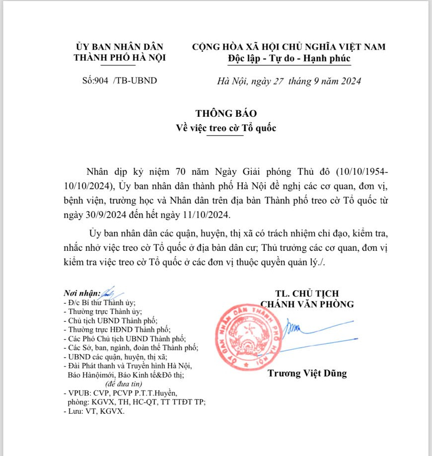 Thông báo về việc treo cờ Tổ quốc